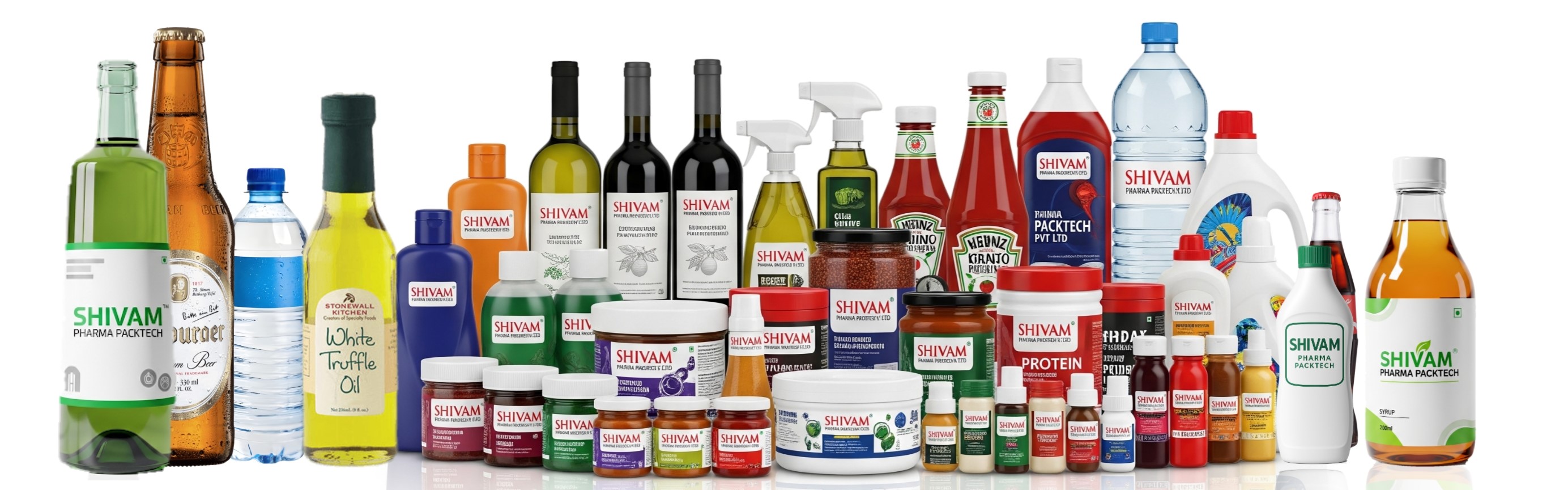A collection of various labeled products including bottles, jars, and containers for different industries like food, beverage, oil, and cleaning supplies.
